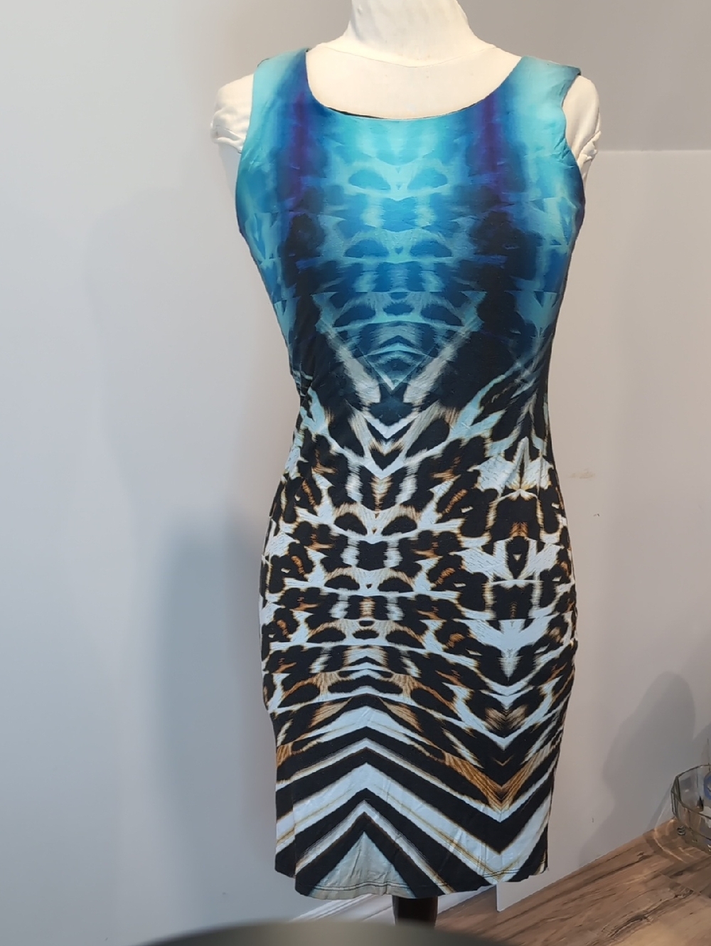 Michael Tyler Sleeveless Blue Animal-Print Bodycon Dress Small
